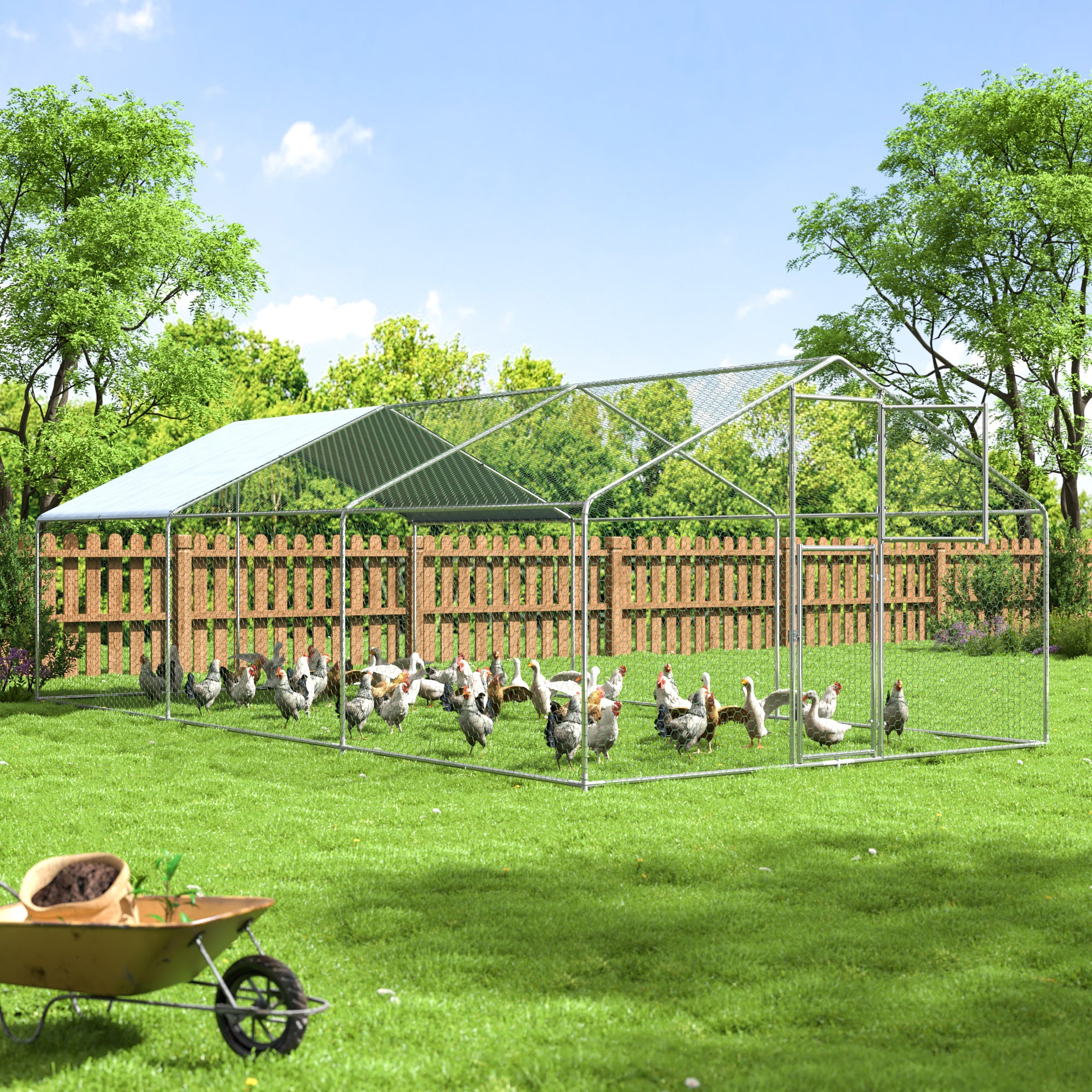 Metal Walk-in Chicken Coop – 7 ft, 13 ft, 20 ft, 26 ft, 33 ft, and 40 ft Options – Double Door with UV-Protection Cover