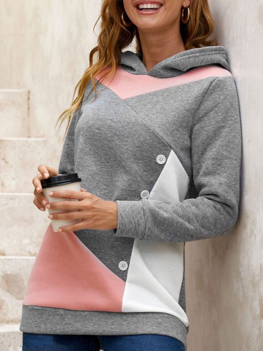 Color Block Fleece Hooded Sweatshirt for Women