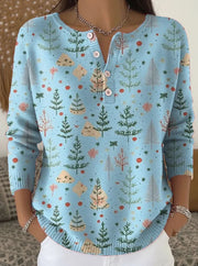 Women's Christmas Tree Art Print Buttoned Cardigan Sweater