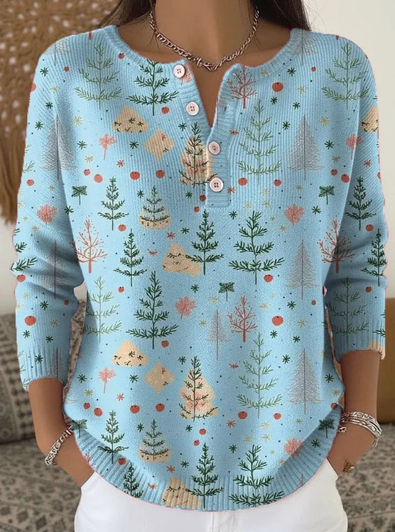 Women's Christmas Tree Art Print Buttoned Cardigan Sweater