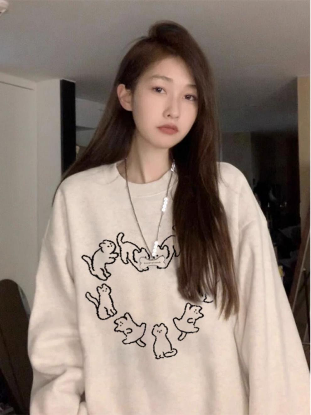 Cute Cat Print Casual Crew Neck Sweatshirt