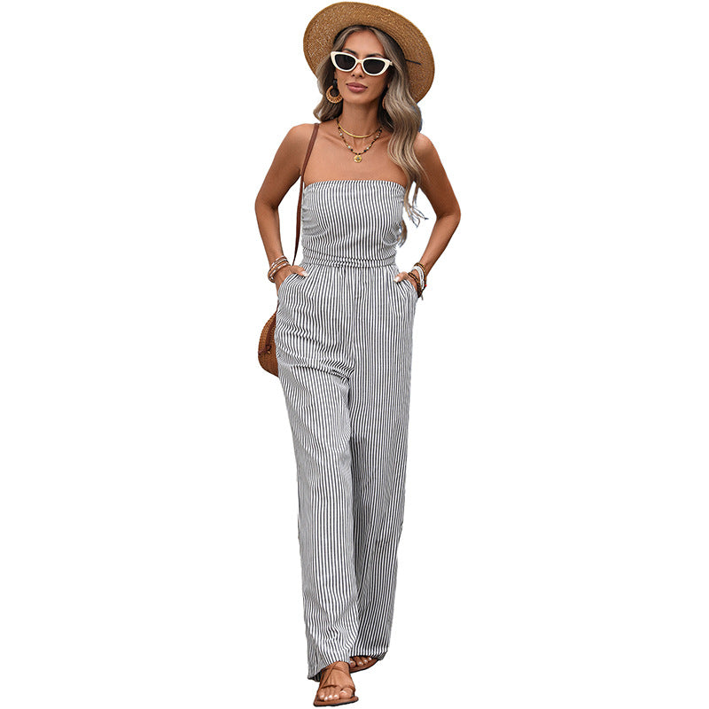 Sleeveless Tube Top Striped Comfortable Casual Straight Jumpsuit For Women