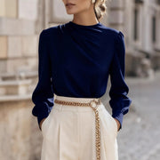 Simple Commuting Temperament Pleated High-neck Lantern Sleeve Blouse For Women