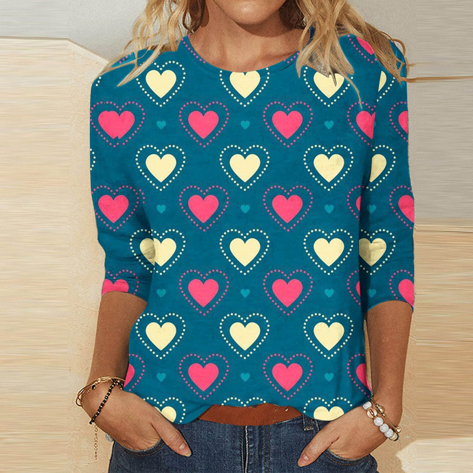 Valentine's Heart Print Casual Crew Neck T-Shirt
