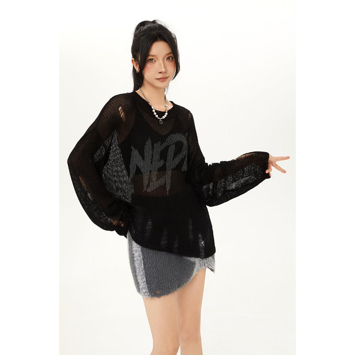 Retro Distressed Knit Top Casual Loose Long-Sleeve T-Shirt