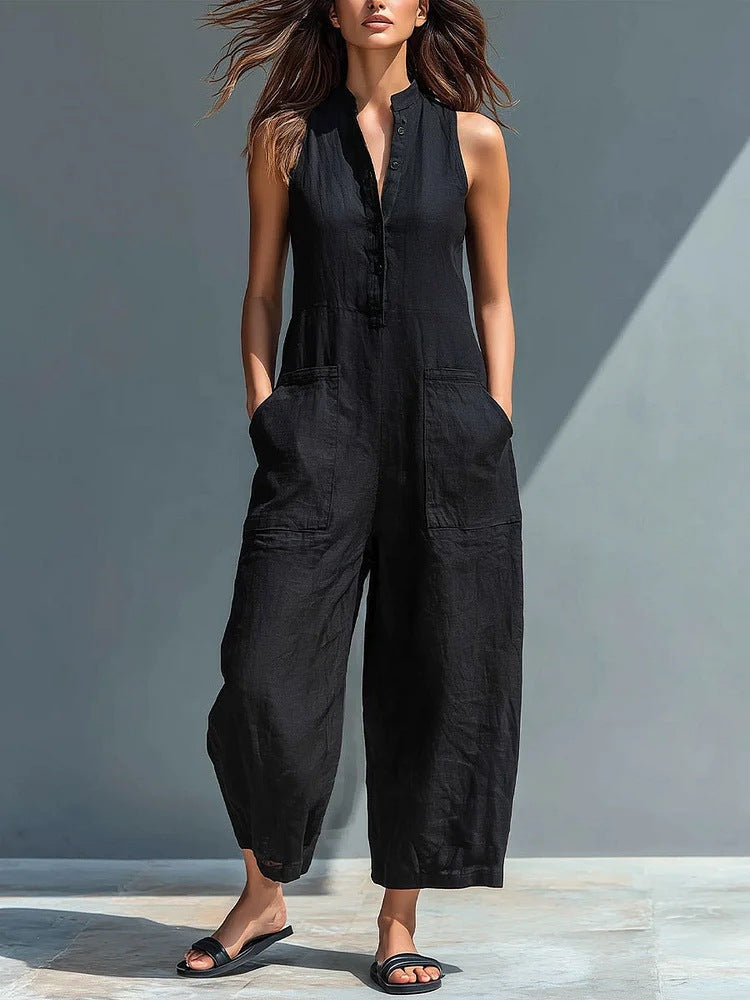 Casual Womens Sleeveless Stand Neck Pocket Jumpsuit