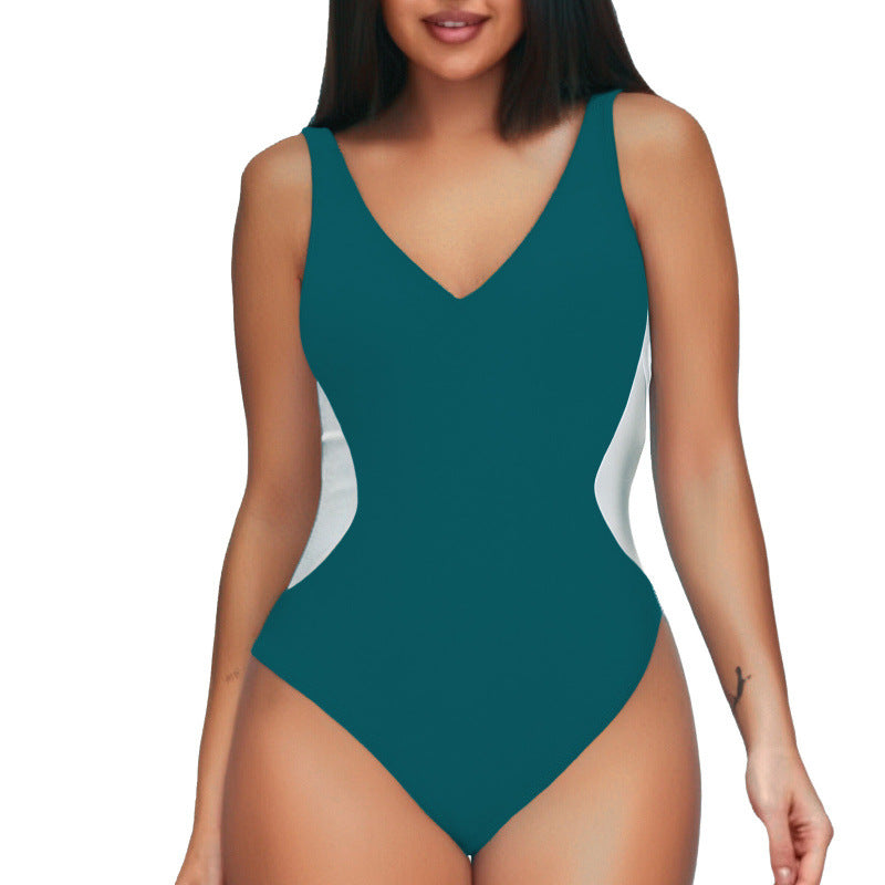 Women's One-piece Deep V Contrast Color Swimsuit