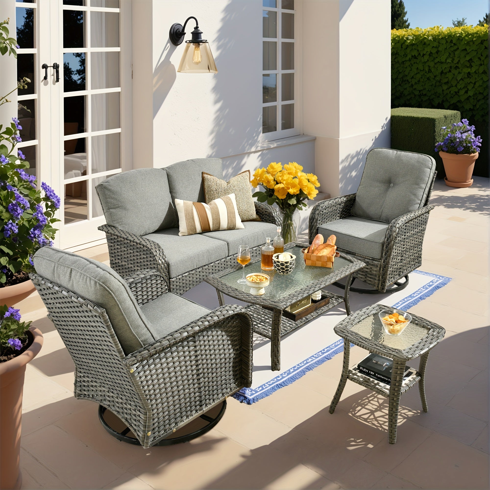 Outdoor Wicker Furniture Collection: Loveseat, Swivel Rocking Chairs, Patio Chairs, Rectangular Table, And Optional Side Table. Made with PE Rattan, Suitable for Patio, Backyard, Pool, Or Garden