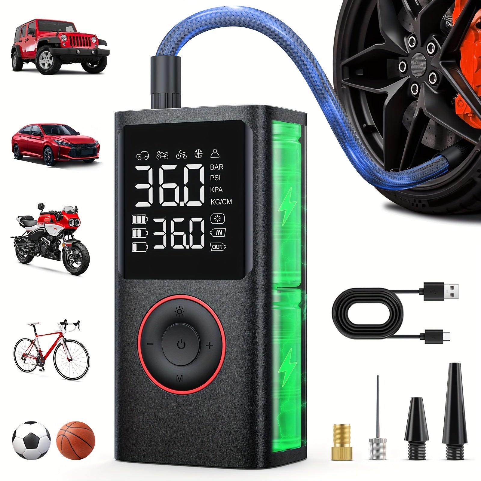 Black Friday Christmas Special! Cordless Tire Inflator Portable Tire Inflator - Cordless Air Compressor with Digital Gauge & LED Light, USB Rechargeable, 2X Fast Inflation for