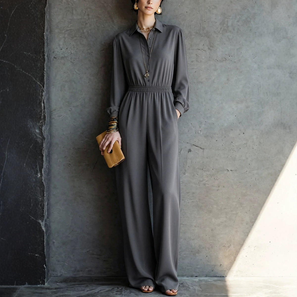 Casual Solid Color Pocket Long Sleeve Jumpsuit