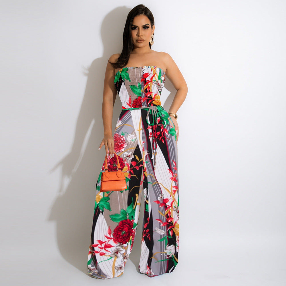 Floral Print Halter Chiffon Wide-Leg Jumpsuit