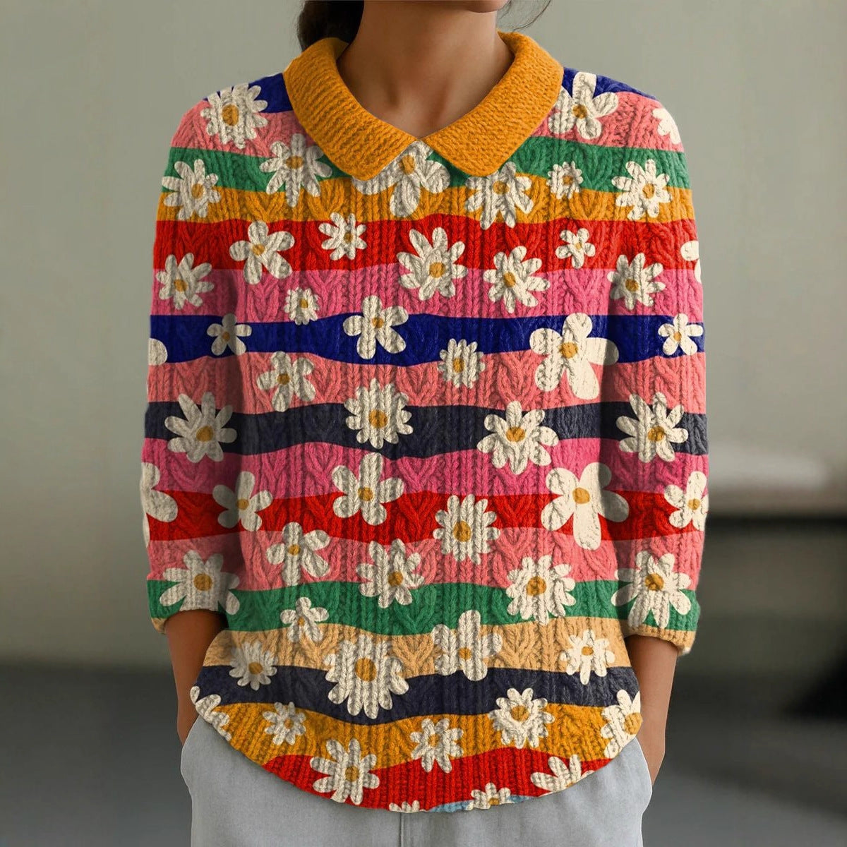 Autumn and Winter New Women's Doll Collar Knitted Jacquard Fabric French Retro Printed Top