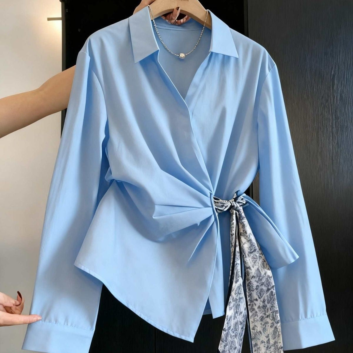 Womens Autumn Long-Sleeve Shirt With A Diagonal-Placket Silk Scarf Tie