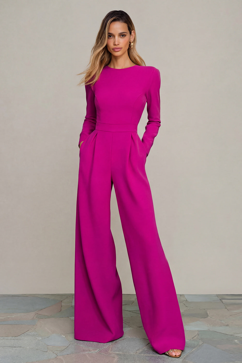 Chic Long-Sleeve Waist-Cinching Wide-Leg Jumpsuit