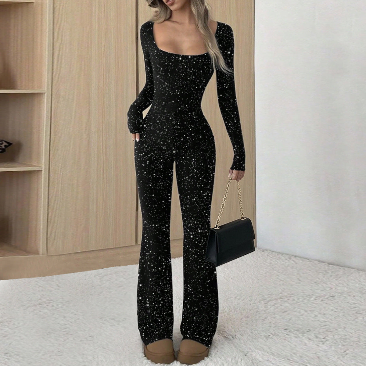 Women's Elegant Slim-Fit Square Neck Silver Jumpsuit