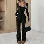 Women's Elegant Slim-Fit Square Neck Silver Jumpsuit
