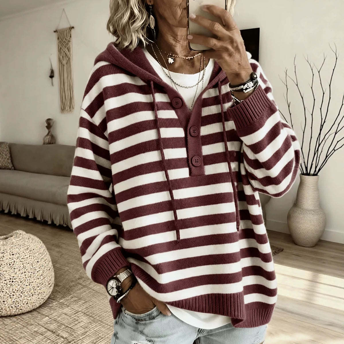 European and American-style Hooded Striped Pullover Knit Sweater