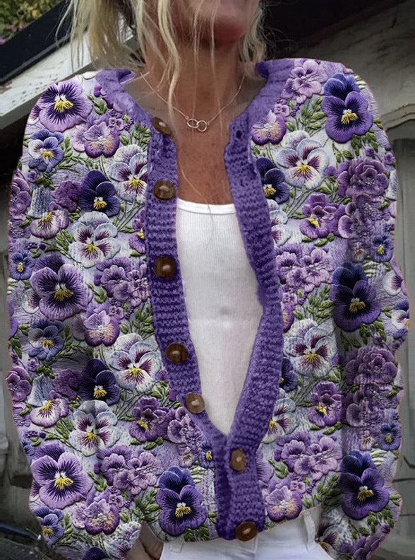 Women's 3D Digital Print Knitted Cardigan Sweater