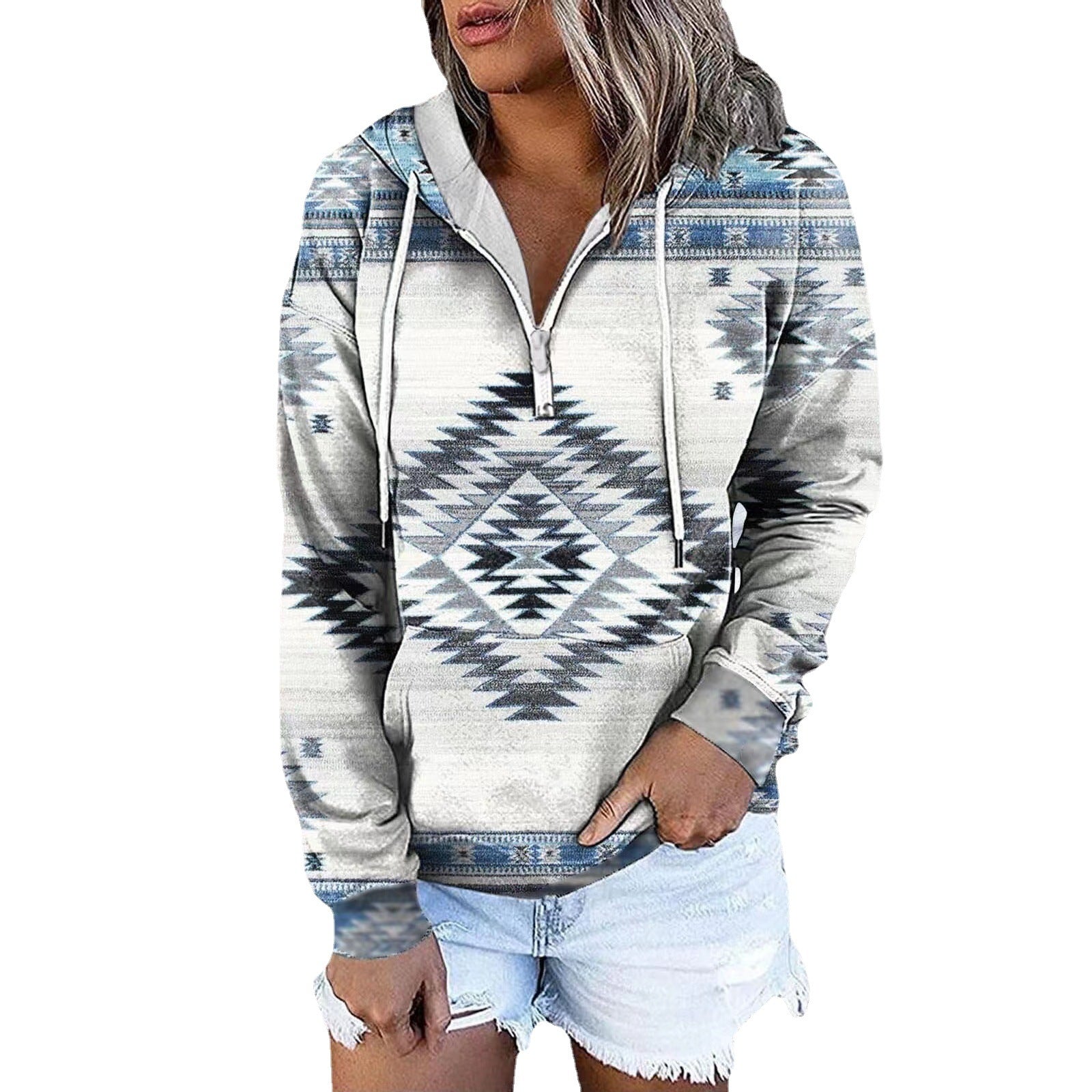 Ethnic Tribal Geometric Print Zip Hoodie