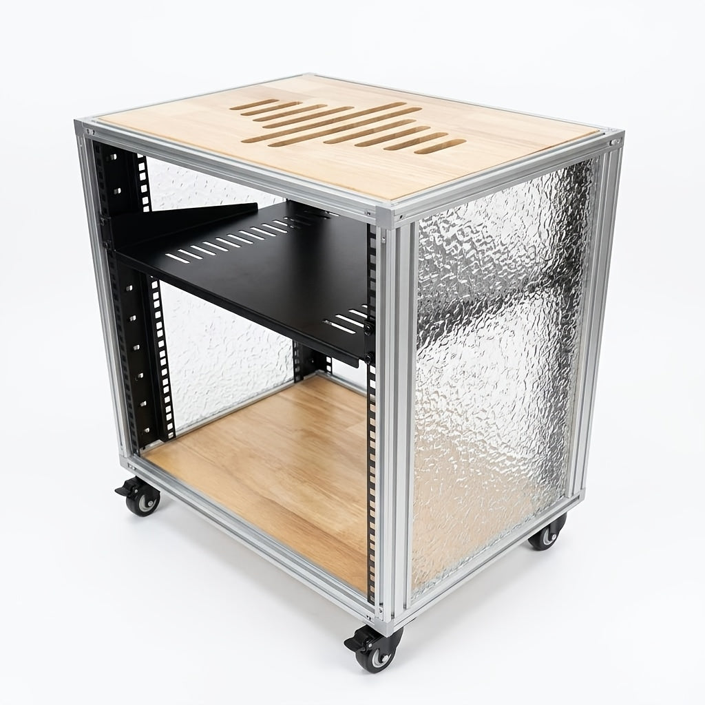 12U Mobile AV Rack with Aluminum Profile Frame, 12 mm Oak Wood Grain Top, Stone‑Pattern Acrylic Side Panels and Silent Casters