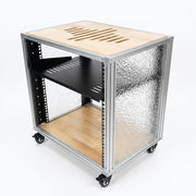 12U Mobile AV Rack with Aluminum Profile Frame, 12 mm Oak Wood Grain Top, Stone‑Pattern Acrylic Side Panels and Silent Casters