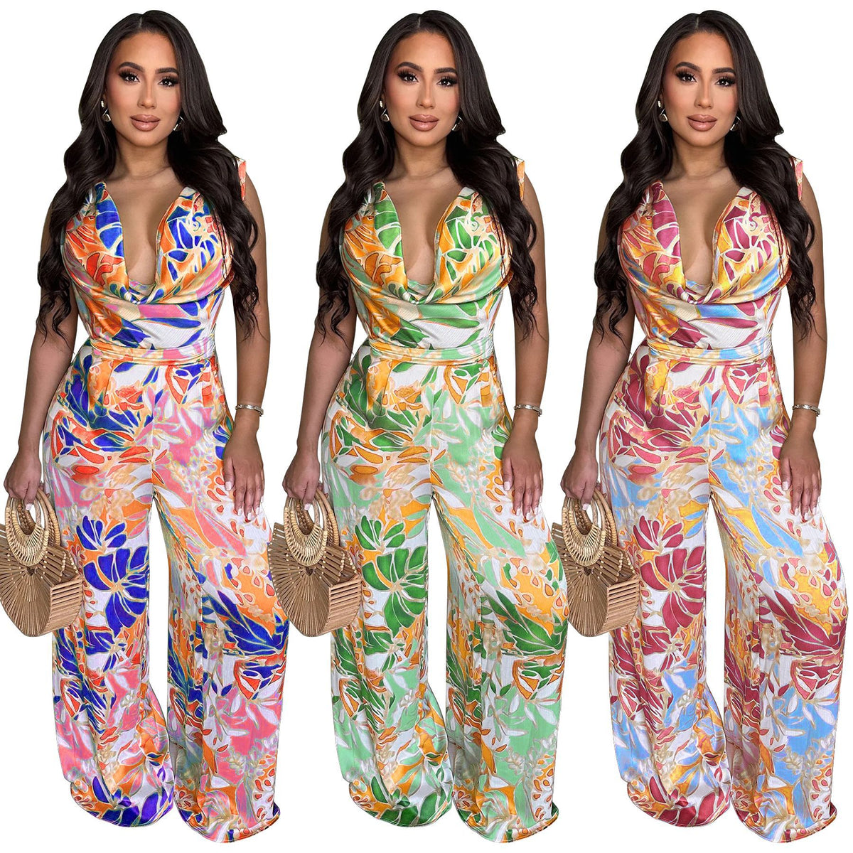 Women's Sleeveless Lace-up Wide-leg Printed Jumpsuit