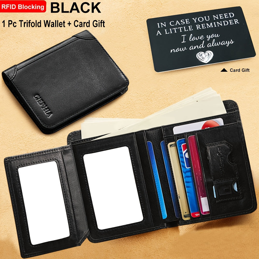 RFID Blocking Trifold Leather Wallet – Cowhide, Vintage Short Design with Money Clip and 2 ID Windows