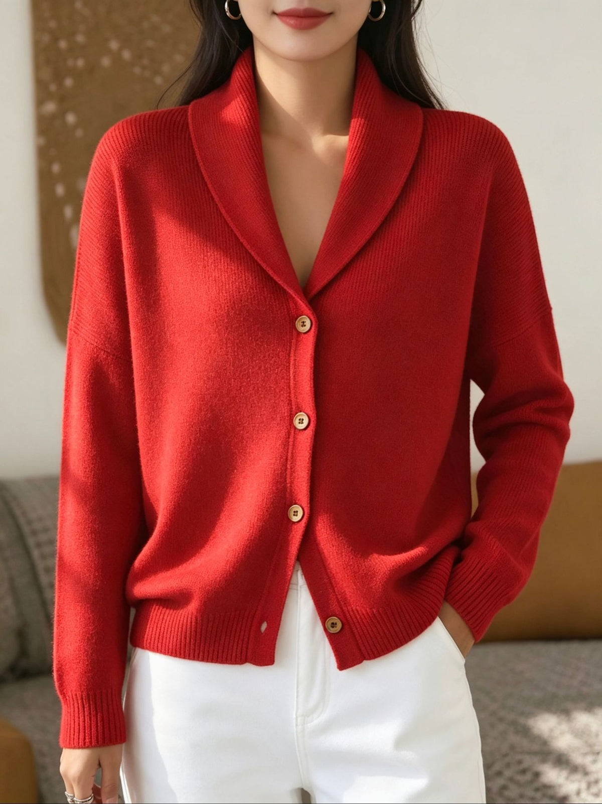 Womens Knitted Cardigan Loose-fit Lazy Style Soft and Cozy Notch Lapel Solid Color Long-sleeve Sweater