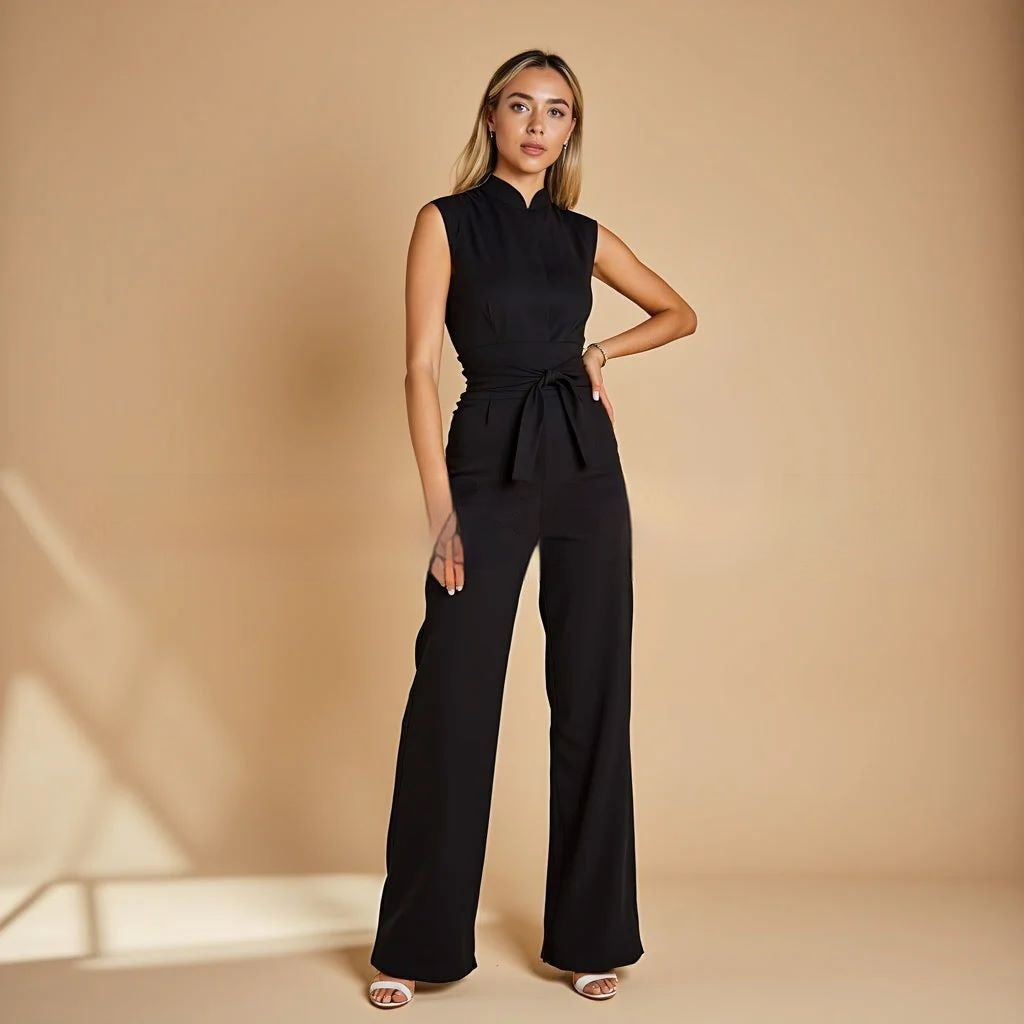 Elegant Strap-waist Cinched Jumpsuit With A V-neck And No Sleeves