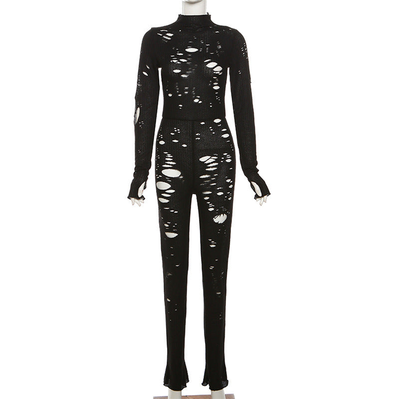 Women's Ripped Hollow-Out High-Waist Knit Jumpsuit