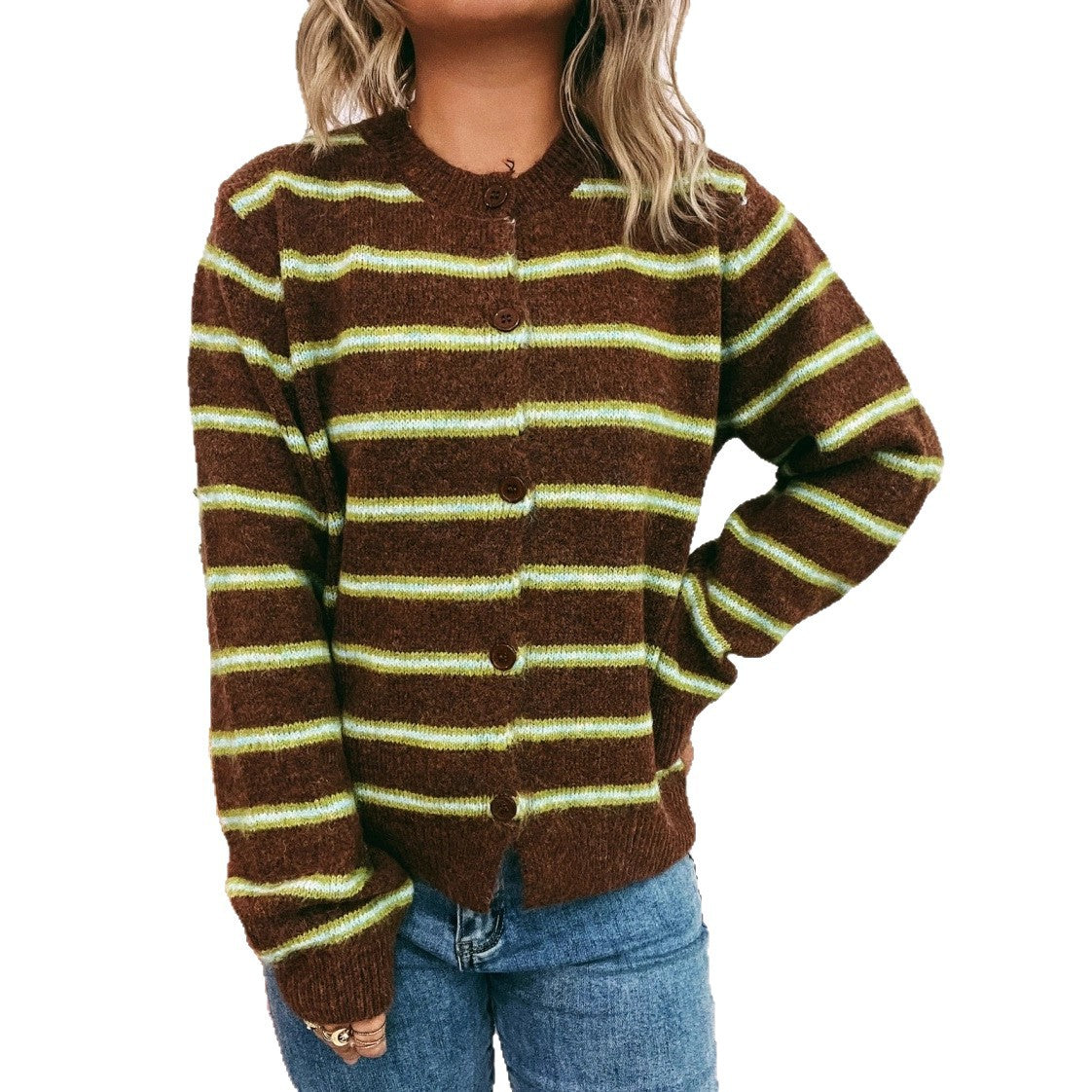 Striped Contrast Color Knitted Cardigan Simple Commute Round Neck Sweater