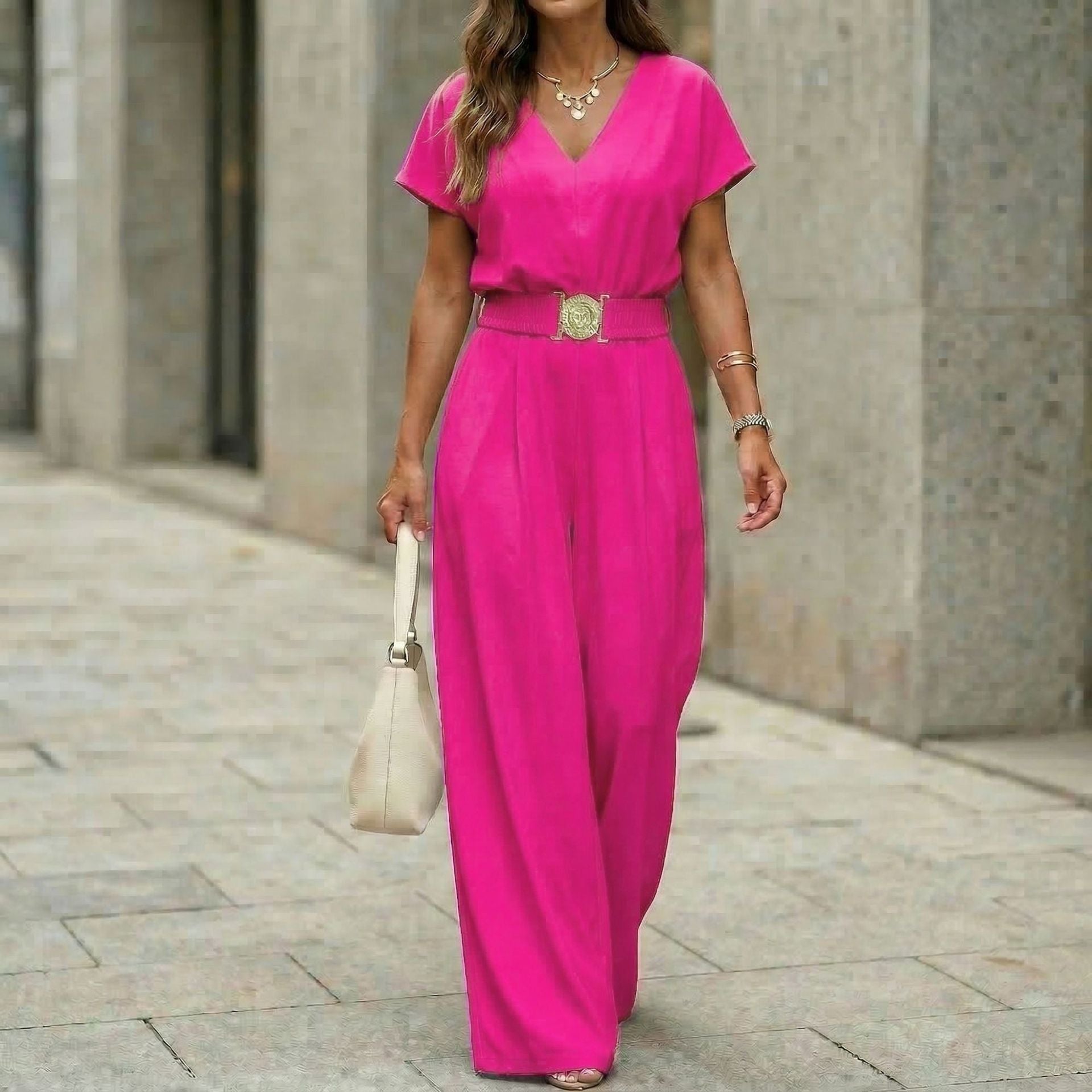 Womens V-neck Solid-color Short-sleeve Long-pants Belted Jumpsuit