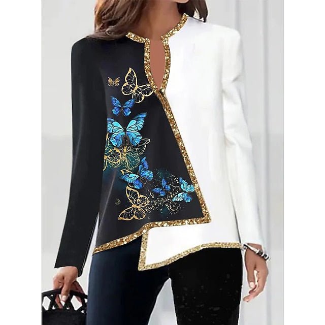 Floral Print V-Neck Asymmetric Long Sleeve Women's Top