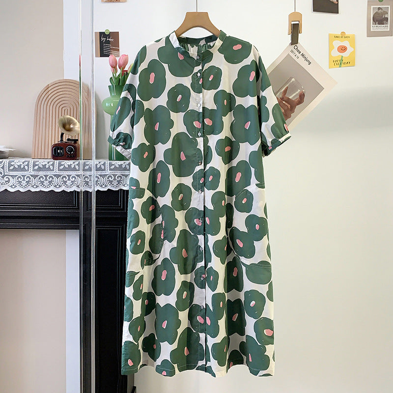 Long-length Loose-fitting Short-sleeved Dress with Floral Print