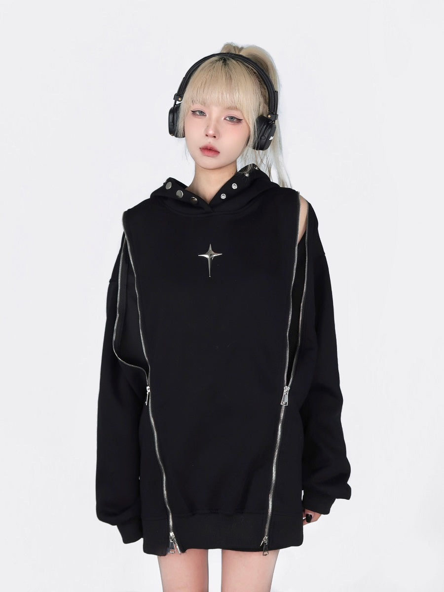 Edgy Cold-Shoulder Hollow Out Zip-Up Hoodie
