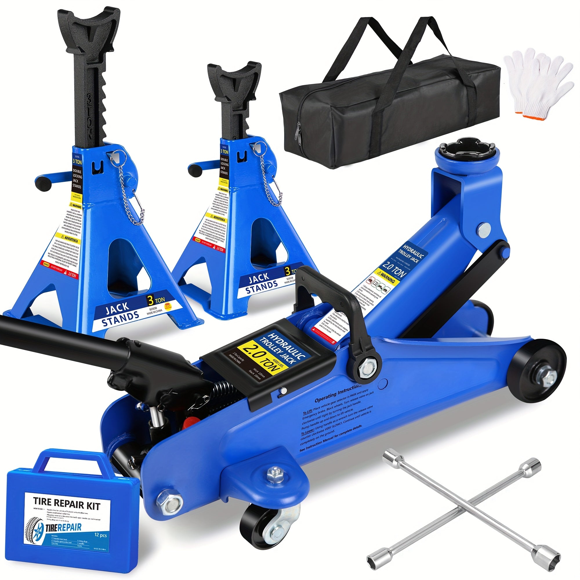 Hydraulic Trolley Floor Jack – Low Profile Steel Jack with Optional 2‑3.5 Ton Capacity and 2 Ratchet 3‑Ton Jack Stands