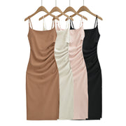 Womens Stylish Pleated Waist-cinching Side-slit Camisole Dress