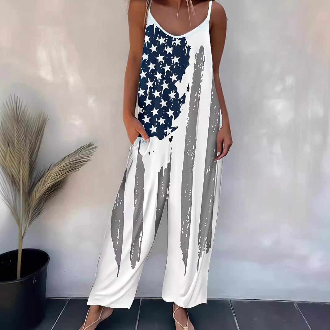 Women's Printed Casual Suspender Jumpsuit