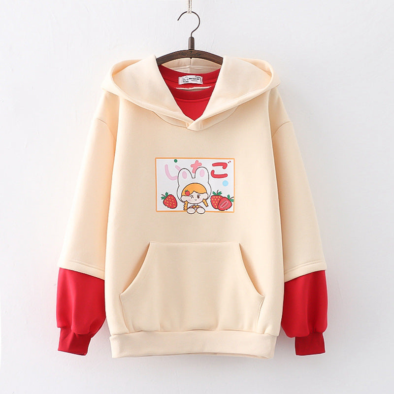 Strawberry Printed Fleece Padded Sweater For Girls