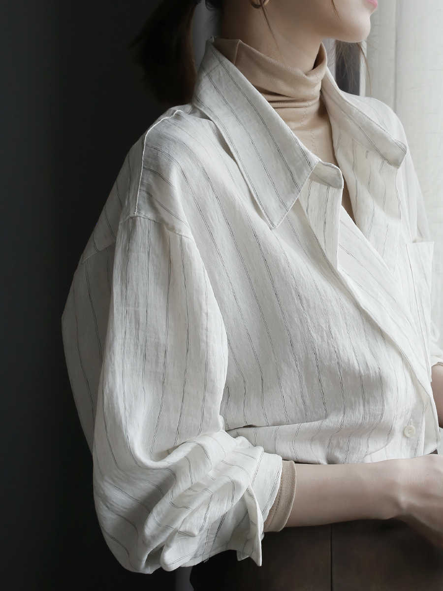 Two-button Design Striped Cardigan Shirt Loose Top