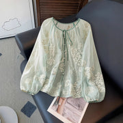 Womens Knotted-collar Jacquard Mesh Lantern-sleeve Blouse
