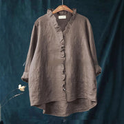 Ruffled-edge Mid-length Loose-fit Cotton Solid-color Shirt