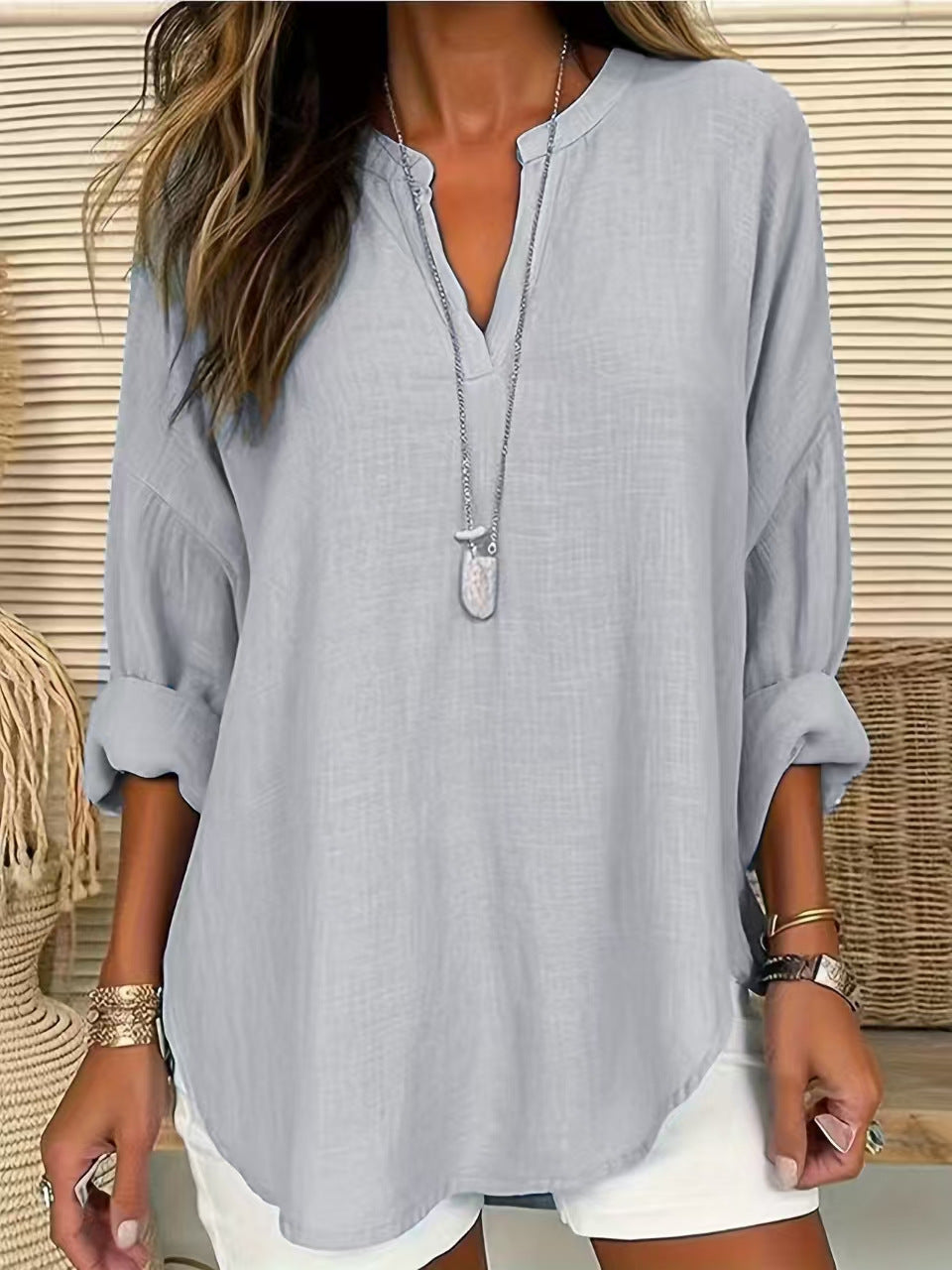 Women's Casual V-neck Cotton And Linen Solid Color Shirt