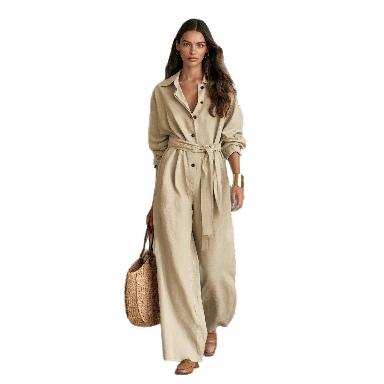 Women's Casual Belted Long-Sleeve Wide-Leg Jumpsuit