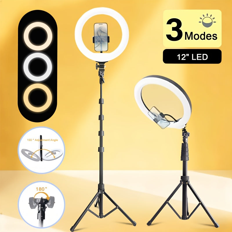 ZOMEI LED Selfie Ring Light Kit with Adjustable Tripod & Dual Phone Stand - 3 Color Modes, 12 Brightness Levels, USB Powered - Ideal for Makeup, Photography & Video, Selfie Stick for Phone, Content...