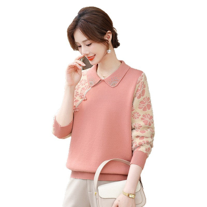 Womens Knitted Fleece Jacquard Polo-neck Sweater for Layering