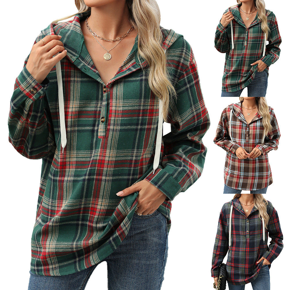 Women's Plaid Button Hoodie Loose Long Sleeve Sweatshirt