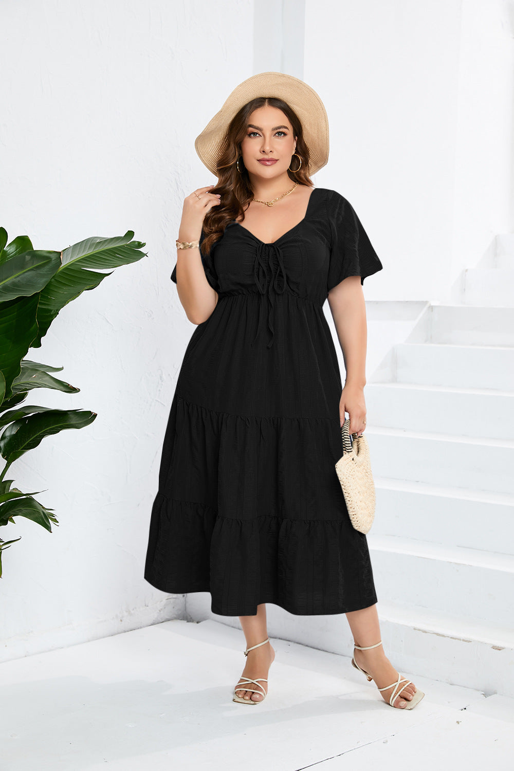 Womens Solid-color V-neck High-waisted Dress