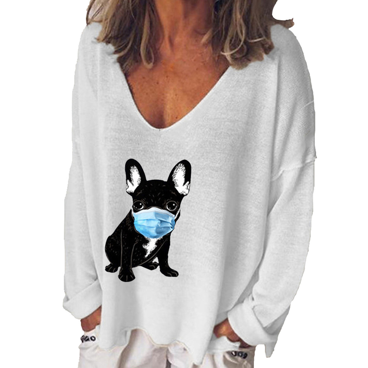 Cute Puppy Print V-Neck Long Sleeve Women's T-Shirt