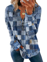 Faux Denim Zip Pullover Casual Top